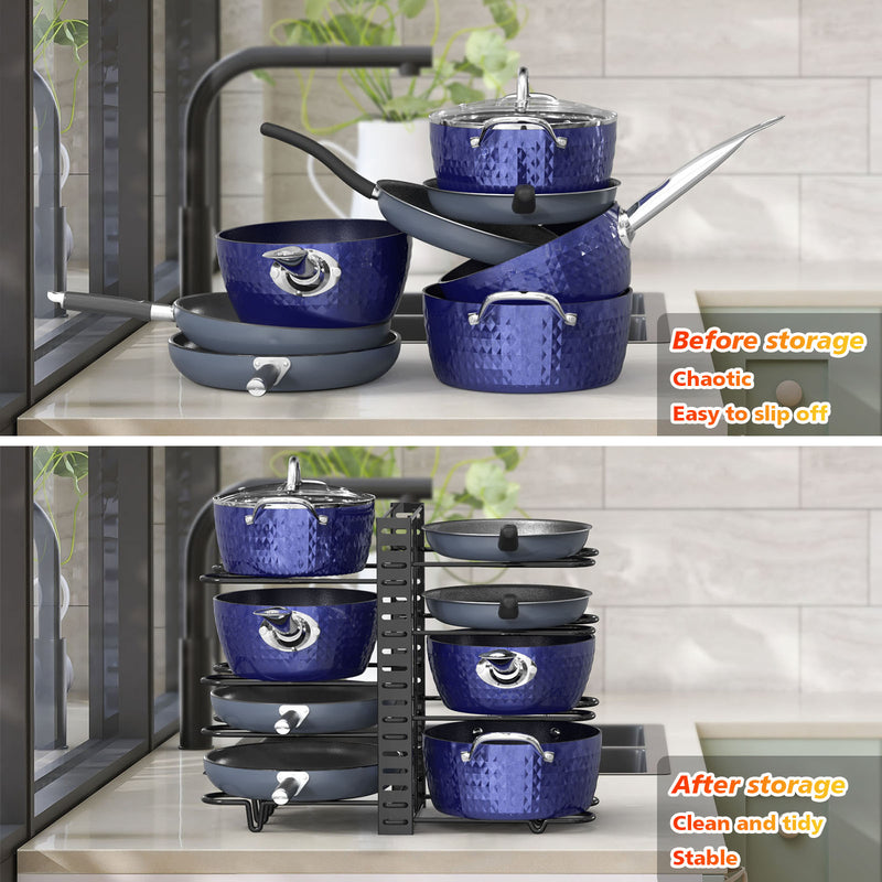 Pot And Pan Organizer, Pot Lid Holders & Pan Rack, Multiple DIY Methods, 8 Tier Pot Racks, Adjustable Kitchen Organization And Storage For Pots And Pans.